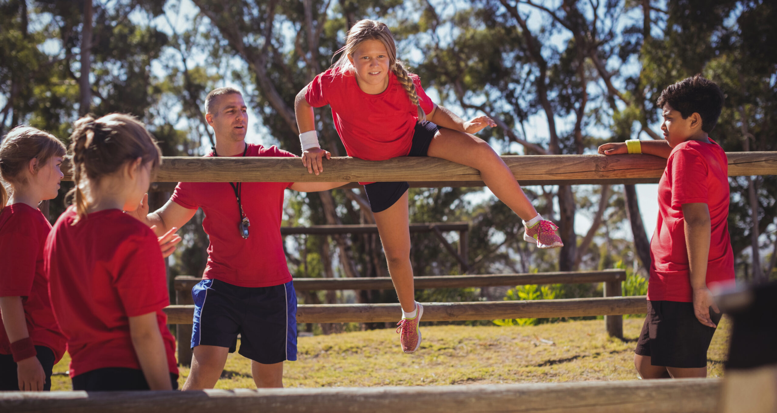 Kids on obstacle course at sports camp in Franklin, Williamson County, TN.