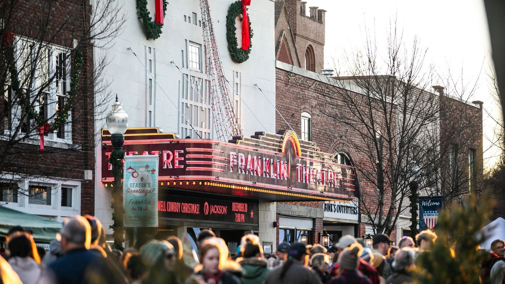 Holiday lights and marquee of The Franklin Theatre in downtown Franklin, Tennessee