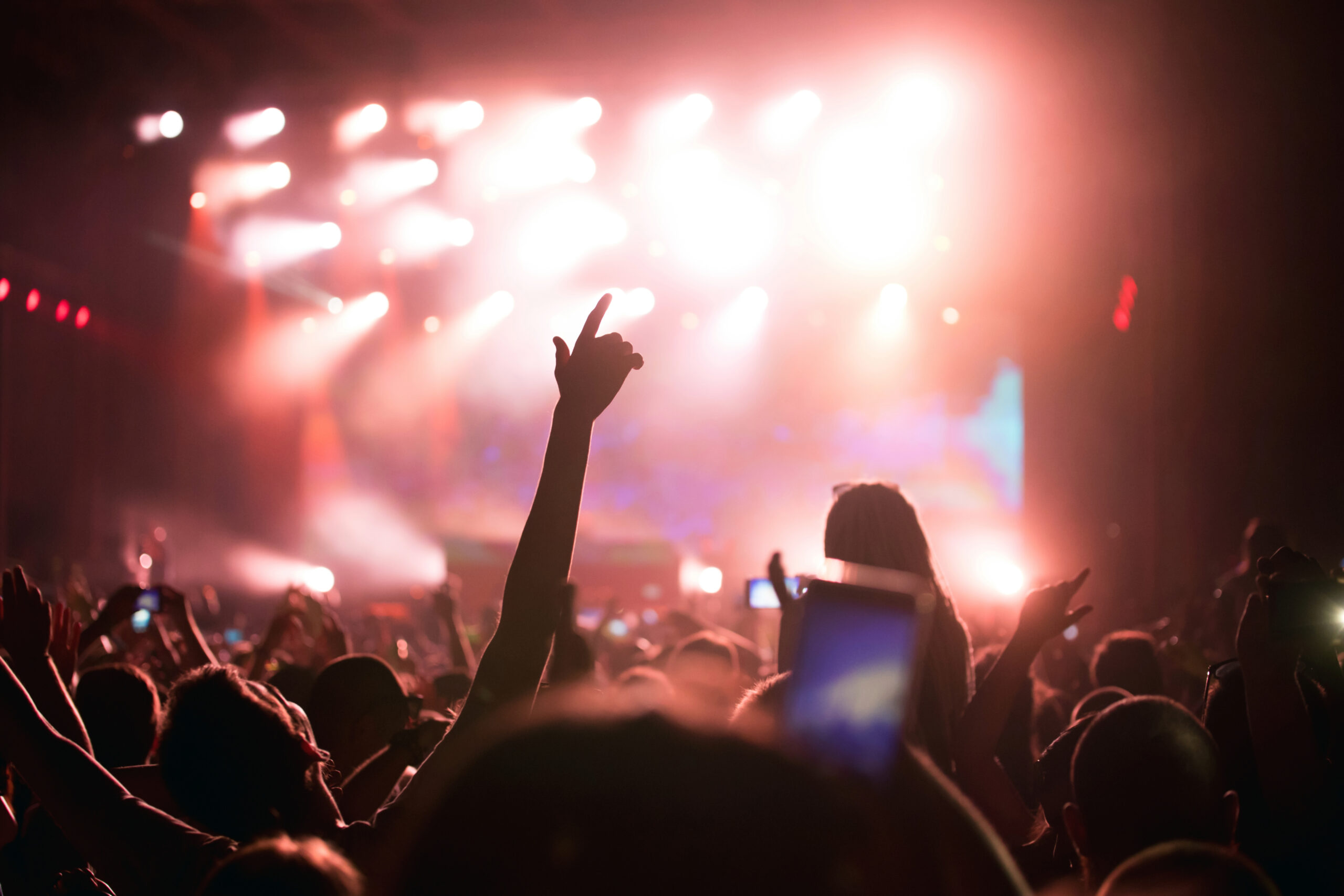 Hands in the air, cheering at a music festival.