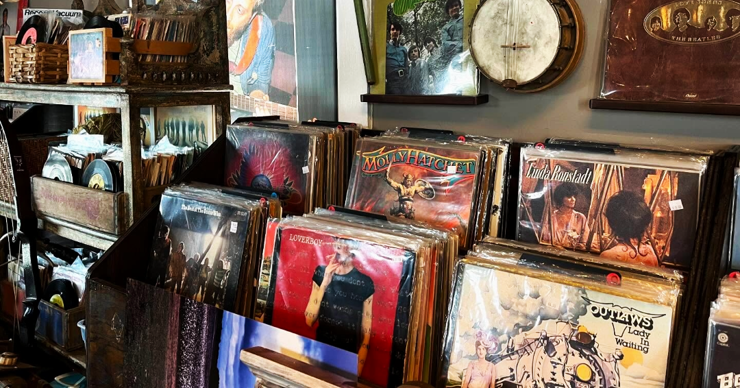 A display of records for sale at Carpe Diem Records in Franklin, Tennessee.
