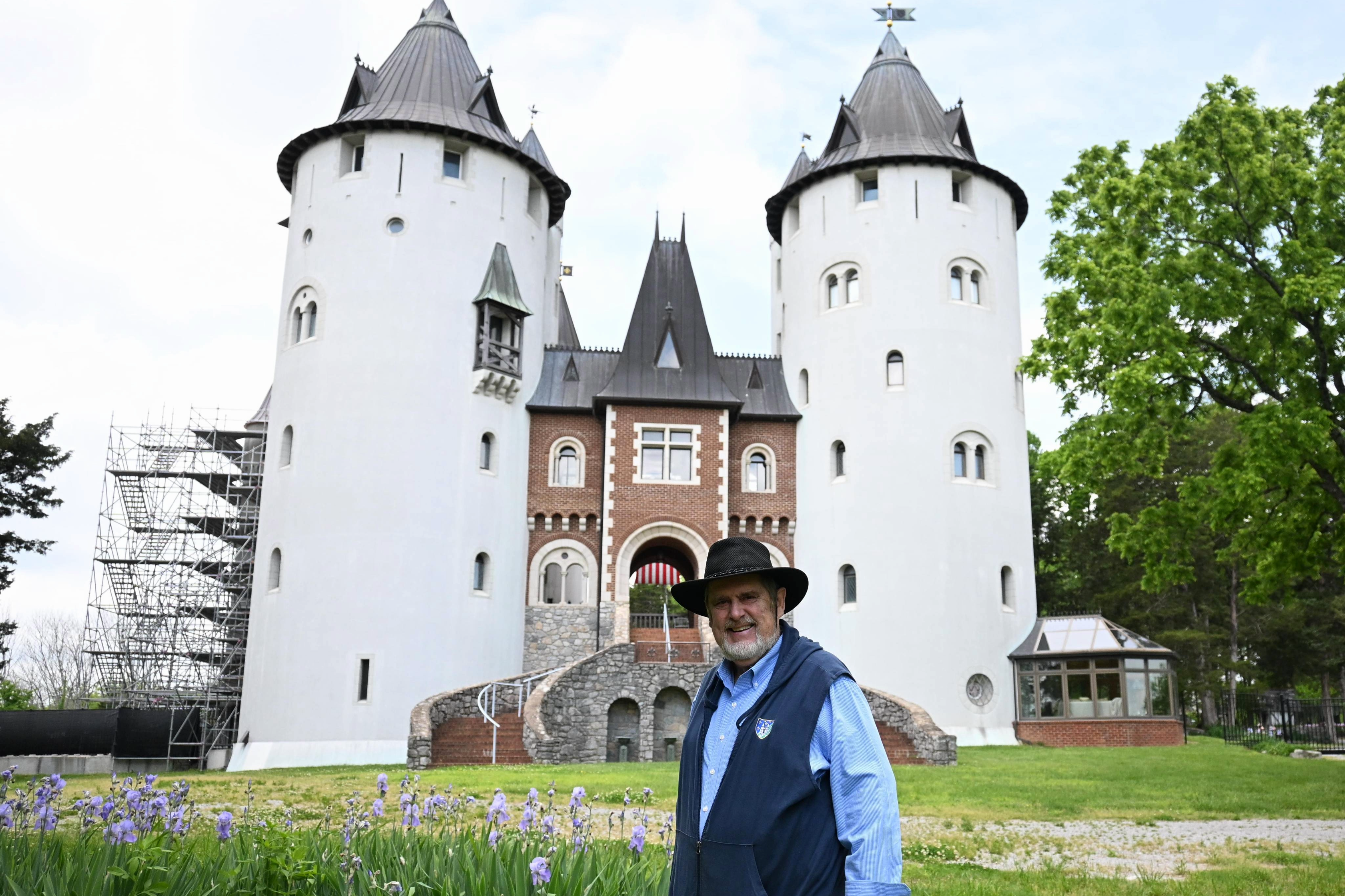 Castle Gwynn owner, Mike Freeman, stands in front of his castle home he built in Arrington, Tennessee. 