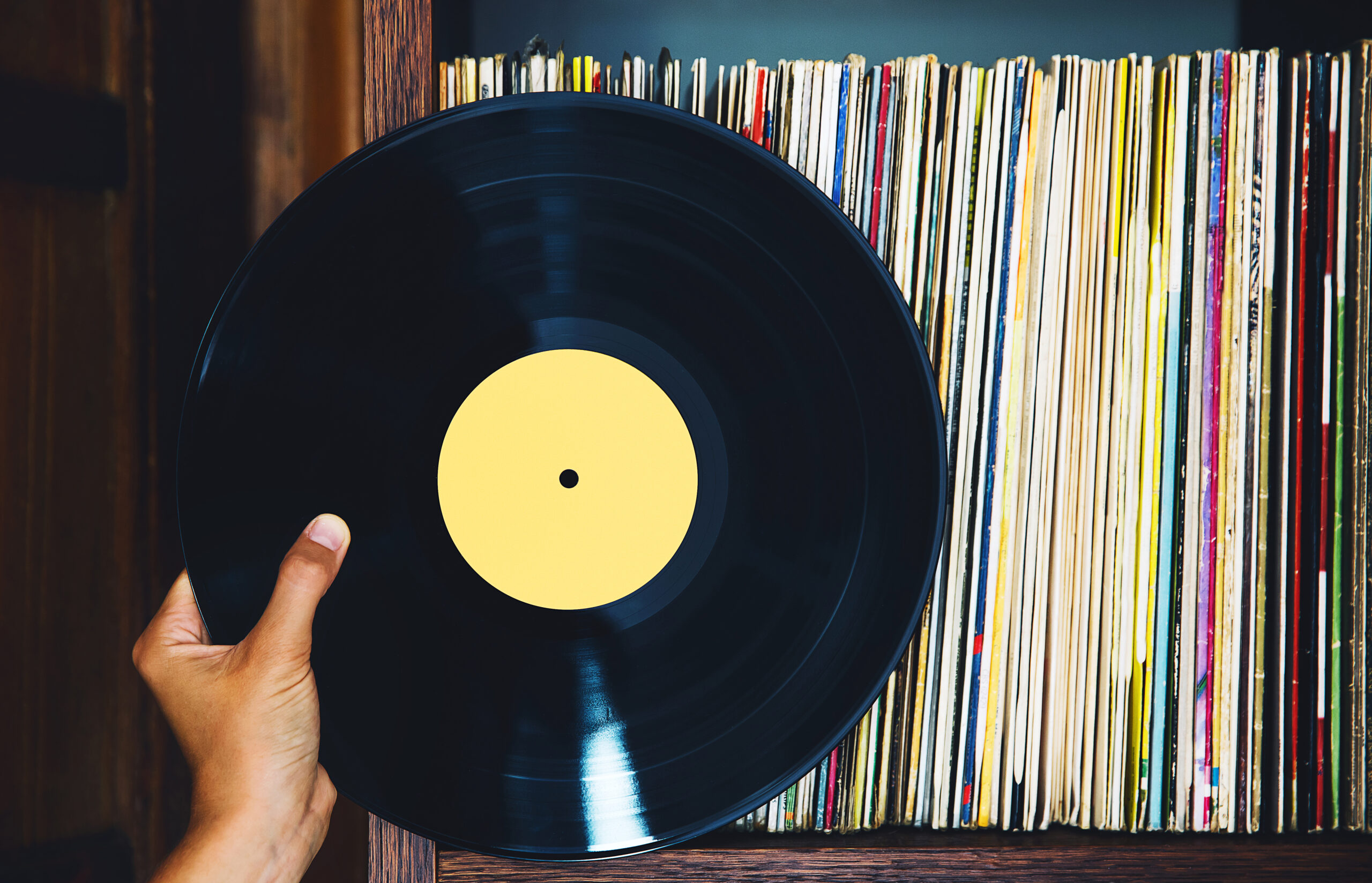 A person holding a vinyl record in front of a collection of albums at a Franklin record store.