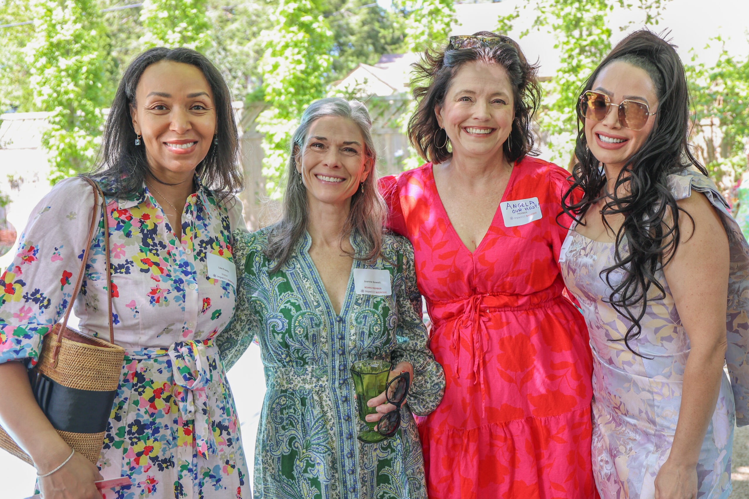 2025 Annual Garden Party Nashville TN_Pictured Left to right: Lee Frantz, Joanne Sowell (Impact100 Nashville Board President), Angela Vogeli, and Eva Angelina Romero.