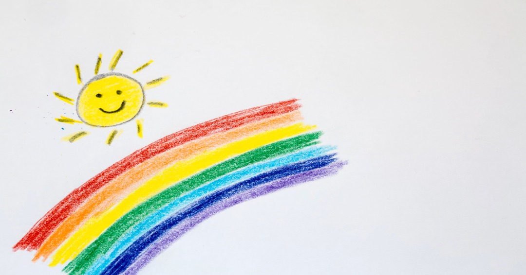 An image used for summer indoor activities in Franklin and Brentwood, a rainbow and a smiling sun is drawn on a piece of white paper in crayon.