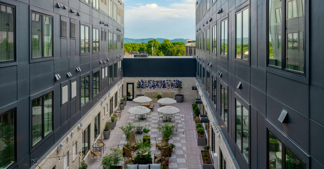 A bird's eye view of the courtyard at The Gilmore, the only hotel in Nashville, Tennessee's 12 South neighborhood.