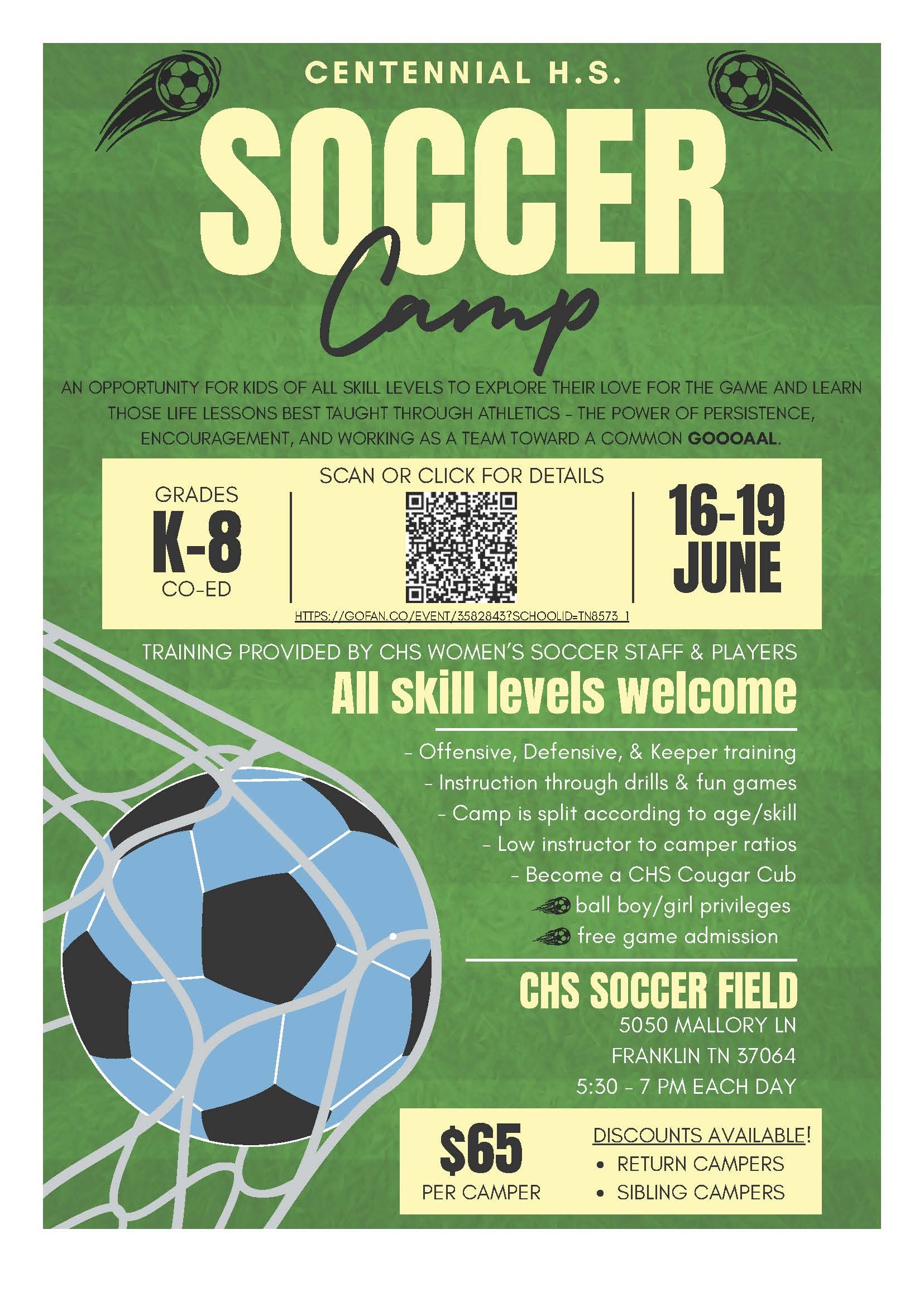 Centennial High Youth co-ed Soccer Camp June 16-19 in Franklin, TN.
