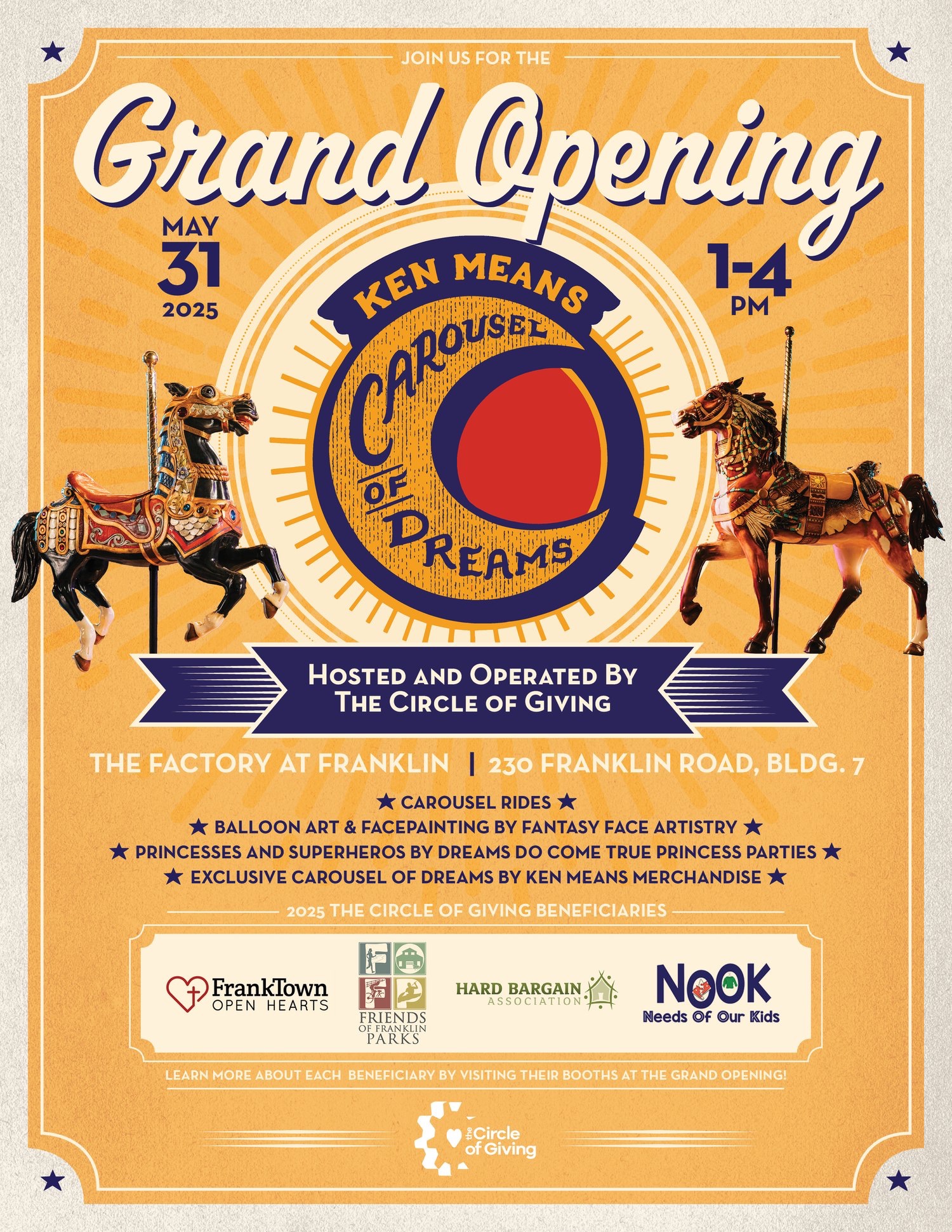 Grand Opening of The Carousel of Dreams by Ken Means at The Factory at Franklin, enjoy magical attractions, face painting, a balloon artist, beloved princesses and superheroes, carousel merchandise and interactive booths!