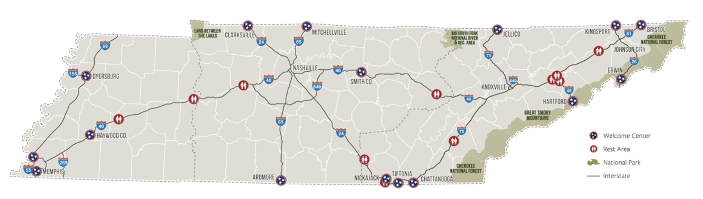 Map showing Welcome Centers courtesy of the Tennessee Department of Tourist Development.