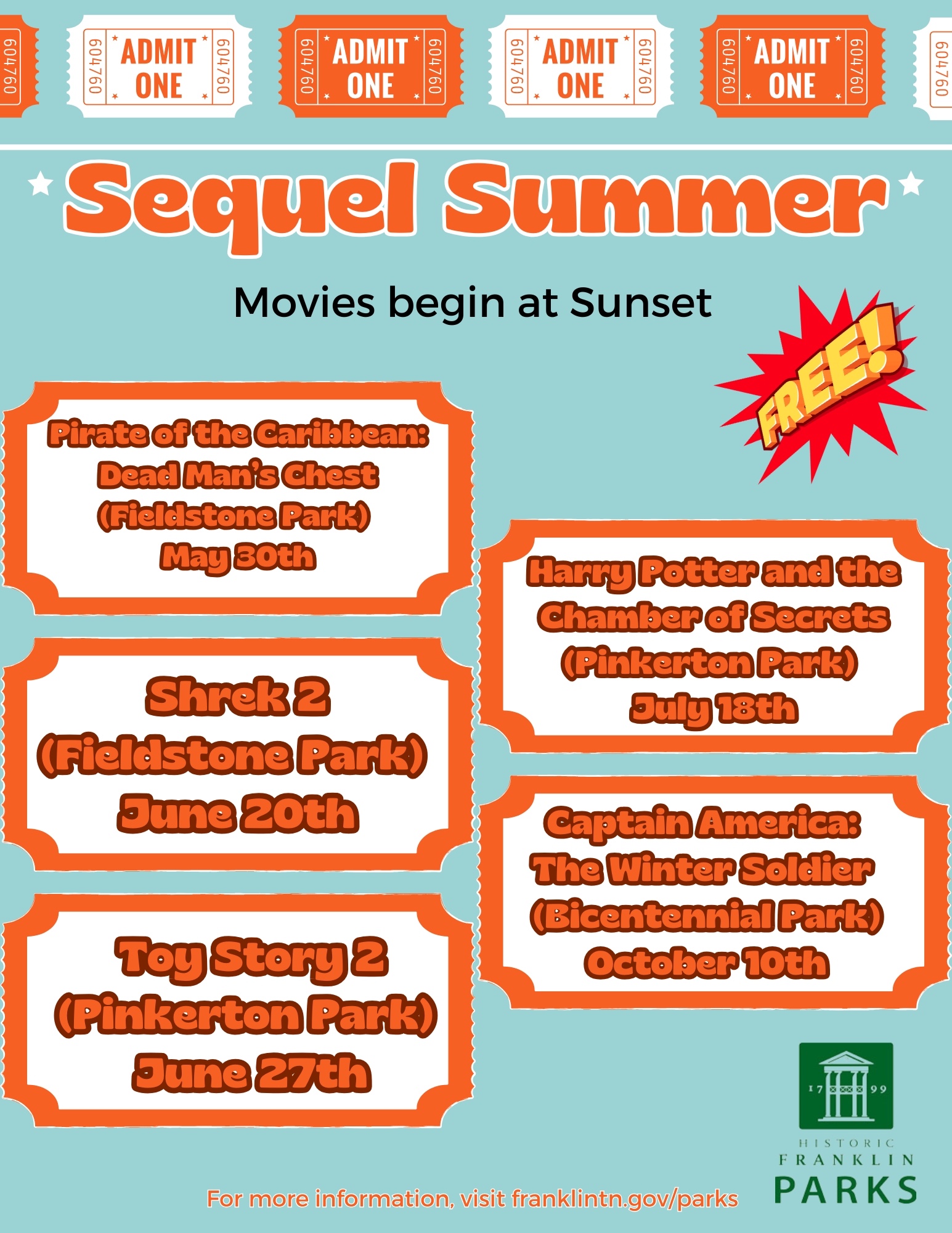 Movies in the Park in Franklin, TN are free family friendly events watching fun movies in the park. Movies in the Park Summer Series by City of Franklin Parks.