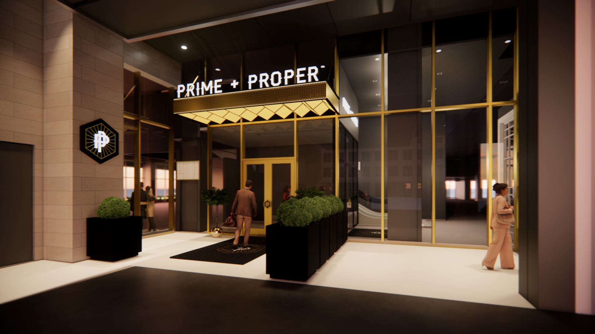 Prime + Proper steakhouse restaurant in Nashville, TN, offers a covered entrance.