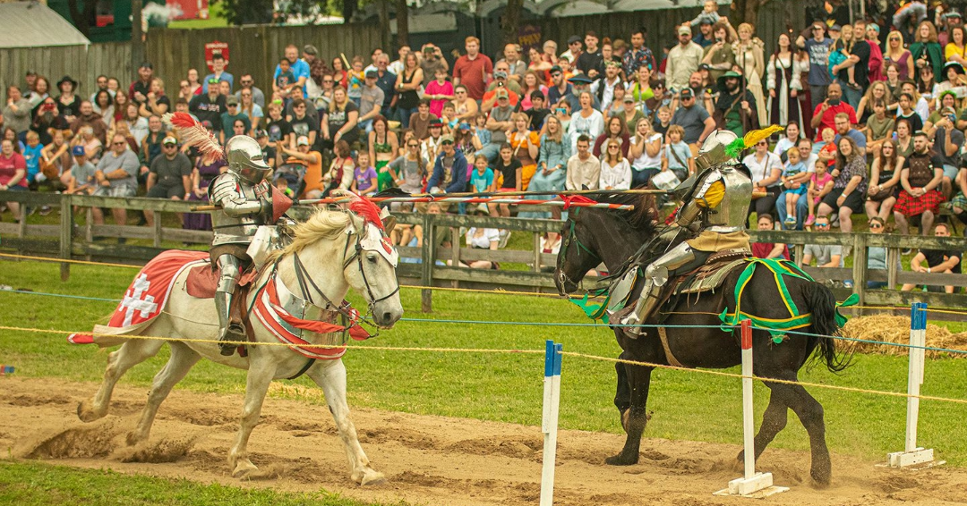 Performers at the Tennessee Renaissance Festival participate in a jousting event.