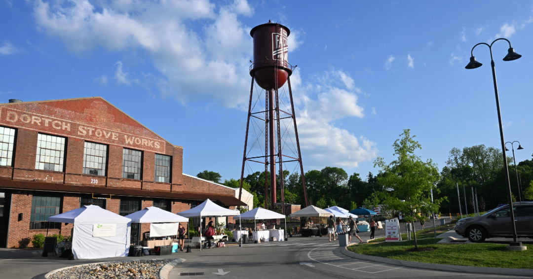 The Factory Farmers Market water tower ad the Factory at Franklin