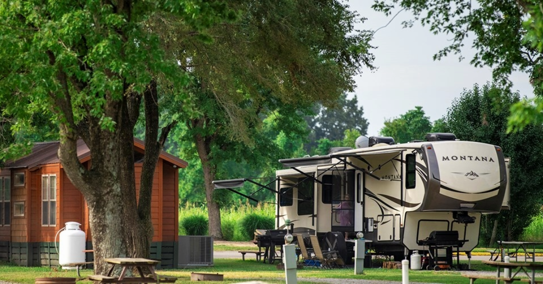 RV and cabin at Nashville KOA Resort, an all inclusive camping site in Nashville, Tennessee.