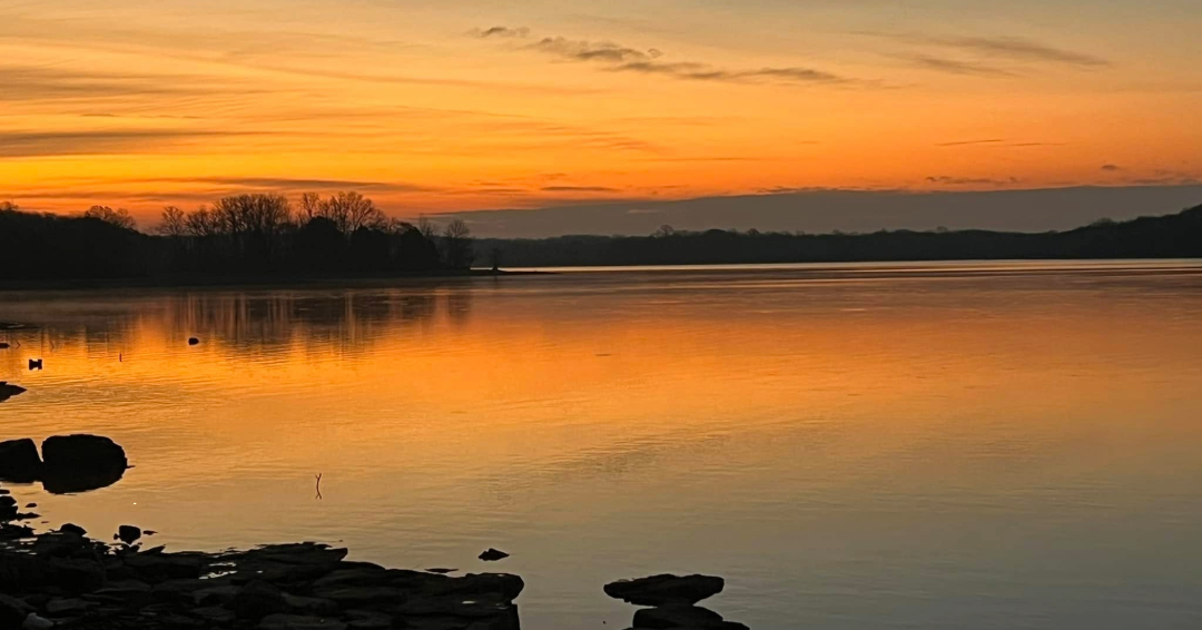 Sunset view over Percy Priest Lake at Long Hunter State Park, a great place to camp in Hermitage, Middle Tennessee.