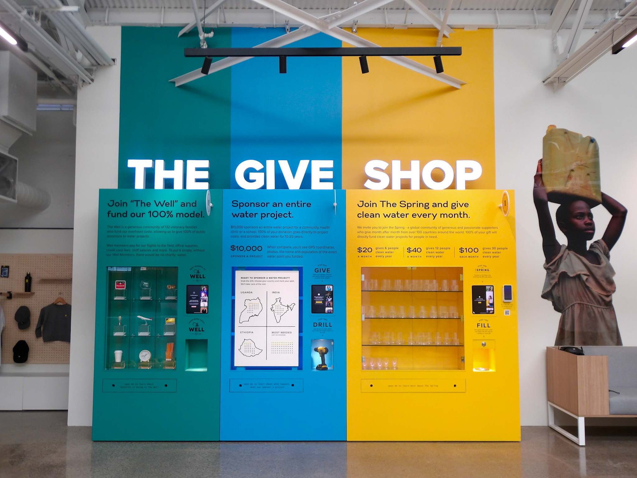 The Give Shop at The Experience Lab by charity: water, a nonprofit exhibit at The Factory at Franklin.