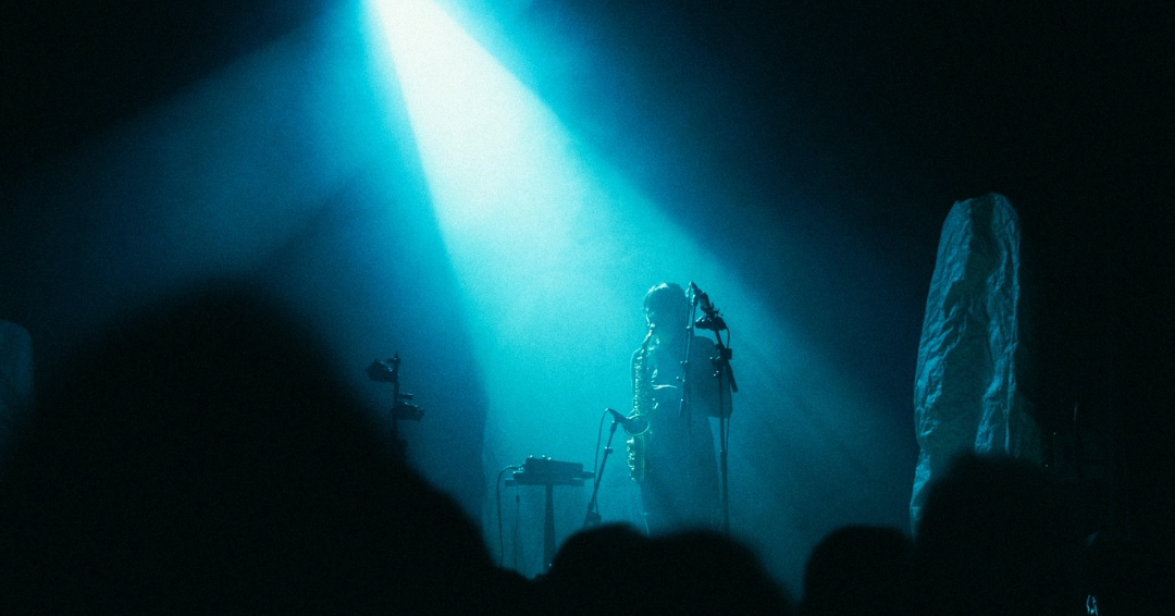 A saxophone player in the spotlight at The Basement East music venue in Nashville, Tennessee. 