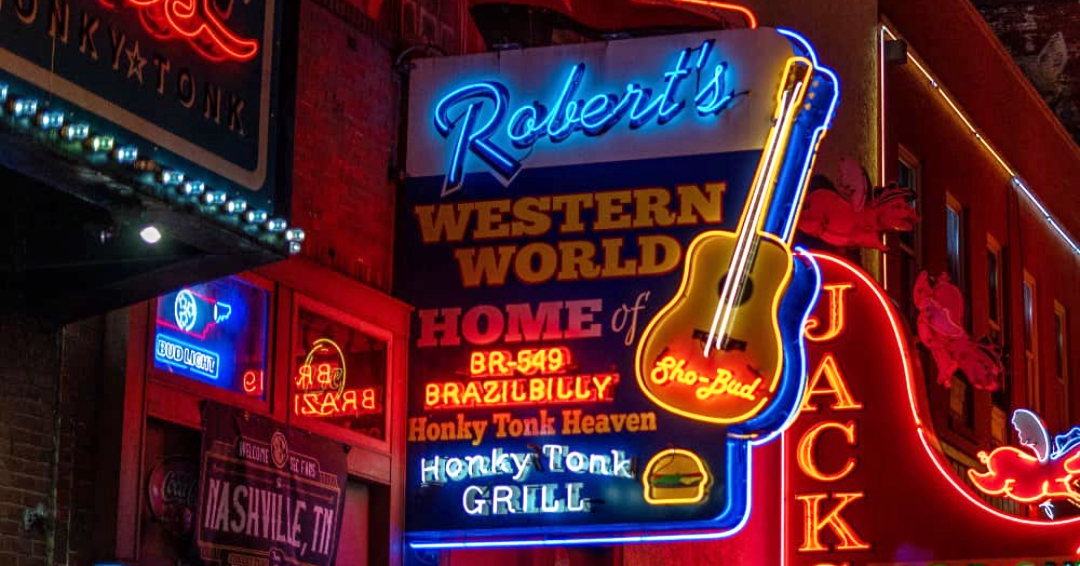 The sign for Robert's Western World, a legendary honky-tonk bar in Nashville, Tennessee, is lit up on Broadway.