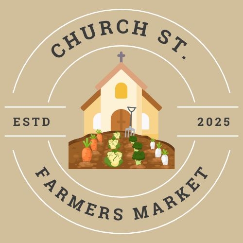 Logo for Church Street Farmers Market in downtown Franklin, TN., shop fresh produce, artisan crafts, enjoy food trucks, live music, and family-friendly activities.