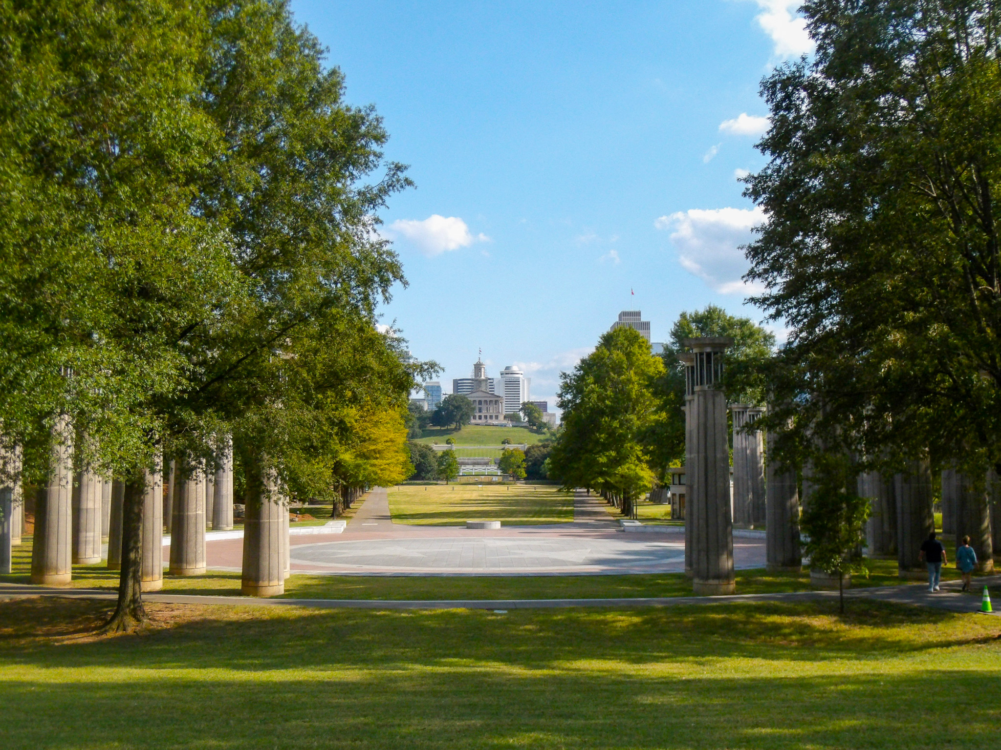 A view of the Tennessee State Capital building in Nashville, Tennessee, rising above Bicentennial State Park in Historic Germantown.